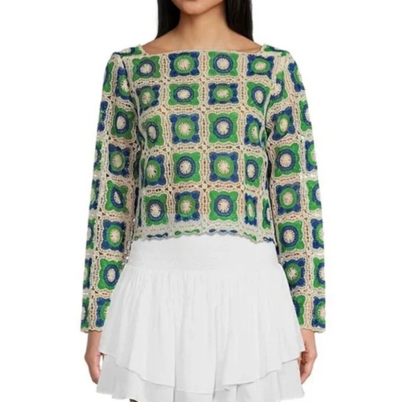 NWT Granny Square Crochet Top Green Blue Cream Women's Large by Chelsea & Violet - Picture 1 of 12